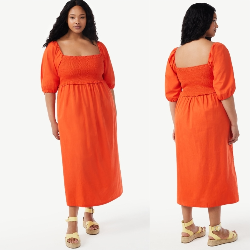 NWT FREE ASSEMBLY Orange Ruched Square Neck Versatile Puff Sleeve Size Small